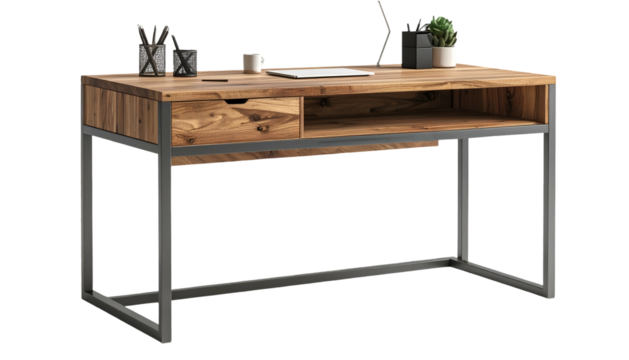 This image depicts a modern, minimalistic wooden desk with a drawer, showcasing a sleek design and industrial-style metal legs against a black background.