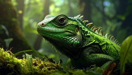 Fototapeta premium Vibrant green iguana, detailed and sharp, nestled within a lush, shaded forest setting.