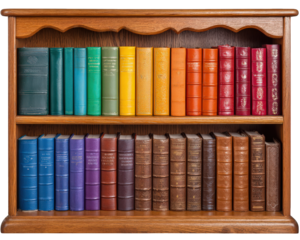 Colorful books bookshelf wooden shelf literature rainbow library reading education knowledge organization