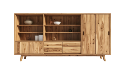 Contemporary wooden cabinet showcases a natural grain and a warm tone, featuring open shelving, a closed door, and several drawers with decorative objects set on shelves, against a stark black...