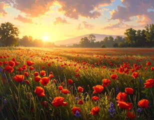 Fototapeta premium Beautiful Landscape Painting of a Poppy Field at Sunset with Glowing Light