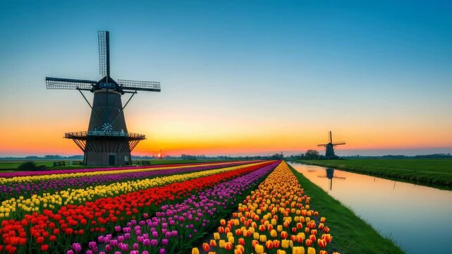 Vibrant rows of colorful tulips stretch towards traditional windmills under stunning gradient sky at sunset A tranquil canal reflects the warm hues completing this picturesque landscape