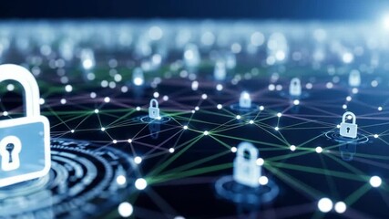 secure digital network with glowing blue padlock icons and interconnected nodes The foreground features large padlock reflecting on dark surface symbolizing robust cybersecurity and data protection - Powered by Adobe