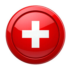 Obraz premium Glossy, vibrant red button featuring a bright white cross symbol in the center, set against a stark black background.