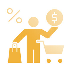 Orange icon of a person holding a coin and shopping bag with a shopping cart and percentage sign