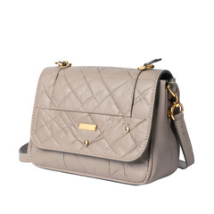 Stylish gray quilted shoulder bag, featuring gold hardware and a flap closure, presented against a black background, showcasing a sophisticated and elegant design, perfect for fashion and lifestyle...