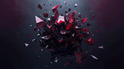 A shattered red and black geometric crystal exploding on a dark background.
