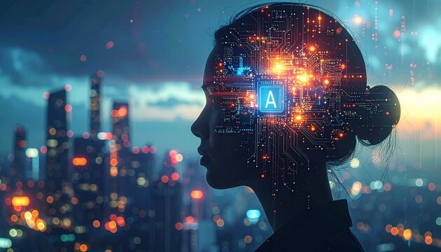 A head filled with glowing digital circuits, symbolizing the concepts of artificial intelligence (AI), machine learning, and the connection between the human mind and technology. A blurry city backdr - Powered by Adobe