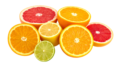 Sliced citrus fruits, including oranges, grapefruits, lemons, and a lime, are arranged in a  composition with vibrant colors, offering a fresh and visually appealing presentation against a solid...