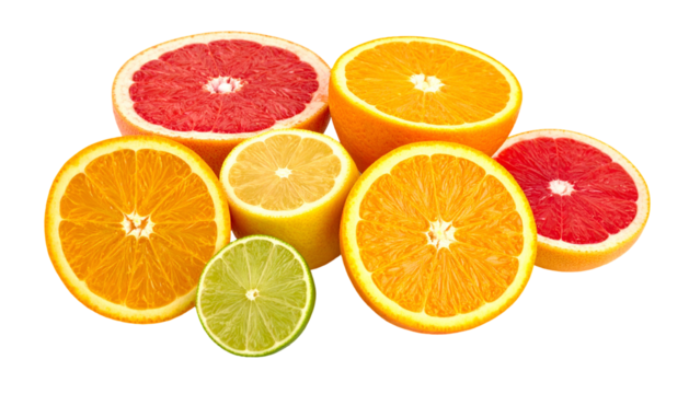Sliced citrus fruits, including oranges, grapefruits, lemons, and a lime, are arranged in a  composition with vibrant colors, offering a fresh and visually appealing presentation against a solid...