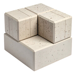 Geometric arrangement depicts an abstract sculpture of stacked blocks with a neutral color palette, creating a modern composition against a black background, showcasing light and shadow.