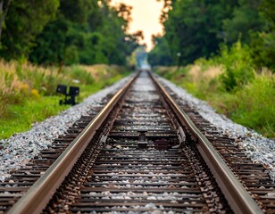 Fototapeta premium Rusty Railroad Tracks Through Lush Green Landscape.