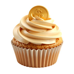 Delightful golden cupcake with creamy frosting topped by a gold coin depicting a dollar sign, against a stark black background, showcasing a delicious dessert.