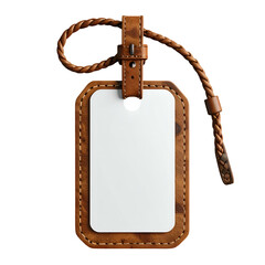 Detailed  shot showcases a leather luggage tag featuring a white blank space for personalization against a stark black background, providing a modern presentation with sophisticated brown tones and...
