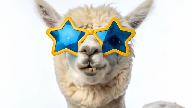 A funny alpaca with a silly smile wearing cool blue star-shaped sunglasses like a celebrity superstar on a clean white background