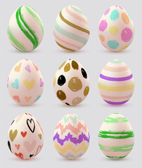 Nine decorative Easter eggs with various painted patterns
