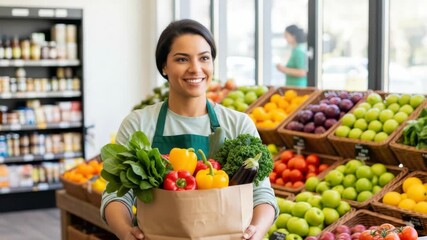 smiling woman in green apron holds paper bag full of fresh vegetables bell peppers kale spinach and eggplant She stands in vibrant produce section of grocery store with fruit displays