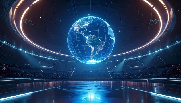global connectivity, technology, and data. The stadium features dramatic neon lighting and empty stands, creating a modern, high-tech, and global atmosphere