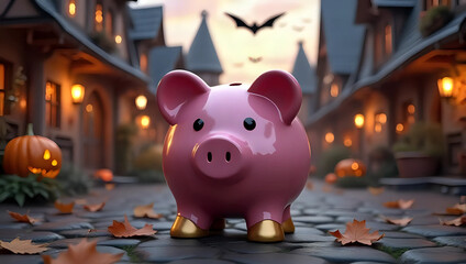 A pink piggy bank on wet cobblestone street, Halloween decorated with pumpkins, lights, autumn fall leaves - investment, future plan, saving money for holiday budget concept 