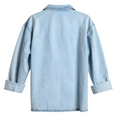 A light blue denim shirt is displayed against a solid black backdrop, showcasing the back of the garment with the collar and cuffs in view, creating a stylish, minimalist composition, suitable for...