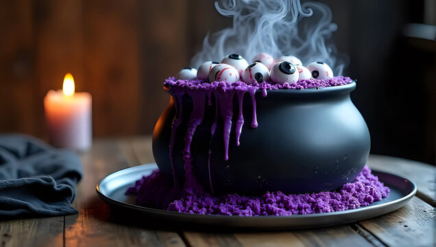 A black witch's cauldron bubbling over with steaming purple potion and eyes ball, lit candle, dark - halloween festive celebration, horror, spooky, scary, creepy, magic, witchcraft concept