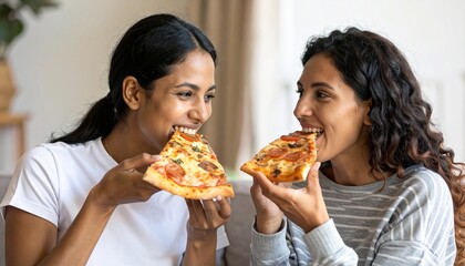 Two friends with curly brown hair smile while eating a delicious slice of pizza , Two female friends cheerfully enjoy their pepperoni pizza while sitting on the couch in their living room
