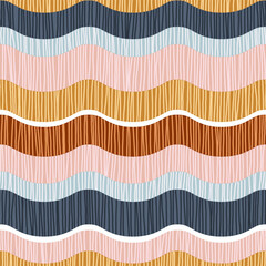 Abstract seamless pattern featuring horizontal wavy stripes in a soft, muted, and earthy color palette filled with hand-drawn vertical lines, creating a woven or rustic look