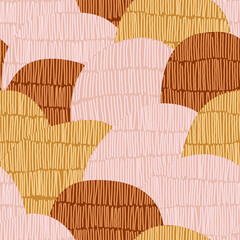Abstract seamless pattern featuring overlapping, scalloped shapes in pink, red, and yellow filled with hand-drawn vertical lines, creating a woven or rustic look