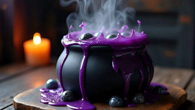 A black witch's cauldron bubbling over with steaming purple potion on wooden table, lit candle, dark background- halloween festive celebration, horror, spooky, scary, creepy, magic, witchcraft concept