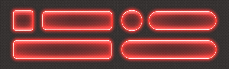 Glossy neon buttons, transparent banners made from glass, red glowing frames. Futuristic design element. Vector illustration. © Likanaris