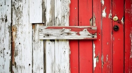 Weathered wooden door in red and white with vintage door knob