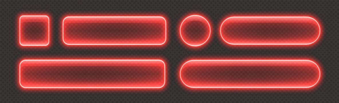 Glossy neon buttons, transparent banners made from glass, red glowing frames. Futuristic design element. Vector illustration.