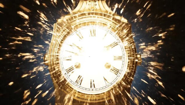 Close-up of a golden clock face with roman numerals surrounded by sparks on a dark background.