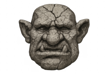 Cracked stone monster face sculpture on transparent background