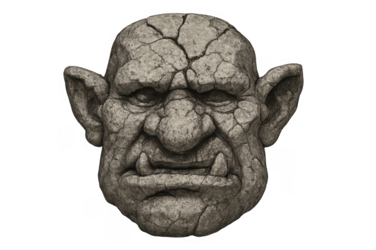 Cracked stone monster face sculpture on transparent background