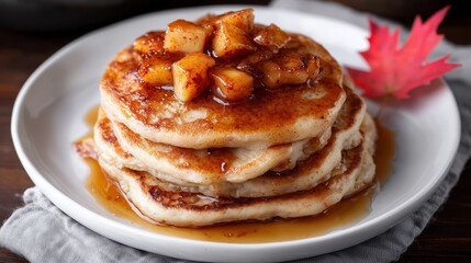 stack of apple cinnamon pancakes with syrup