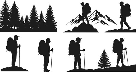 Hiking adventure silhouettes with backpackers, mountain landscape, pine forest elements, outdoor trekking, vector design for travel, exploration and wilderness themes © Sakib World