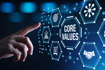 Finger touching core values interface on a digital screen representing business ethics and principles