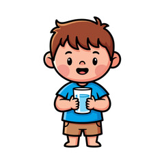 Obraz premium Adorable cartoon boy happily holding a refreshing glass of water, promoting healthy hydration and daily well-being for children.