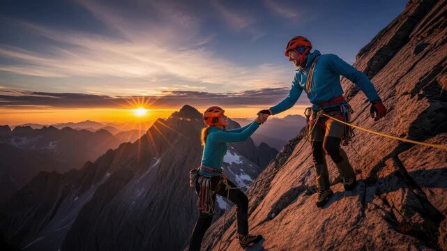 Two skilled climbers ascend challenging mountain face the male extending hand to assist his female partner They wear full gear; vibrant sunset illuminates the vast rugged peaks beyond