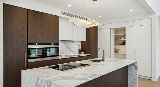 Elegant modern kitchen interior design showcasing sleek marble countertops, dark wood cabinetry, built-in appliances, and a central island, creating a luxurious and functional culinary space