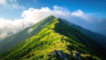 Green mountain peaks under a blue sky