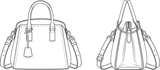 Handbag technical drawing, fashion accessory blueprint, leather purse design sketch, vector illustration, structured bag pattern, sewing design, CAD drawing flat vector illustration