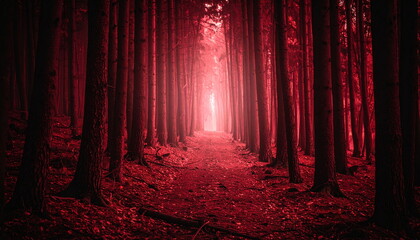 Atmospheric photo of a dark red forest, eerie lighting, and creepy surreal ambiance, evoking fantasy or horror vibes in a moody autumn landscape.
