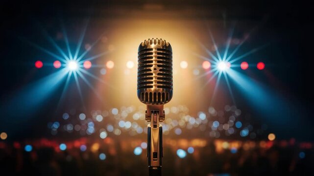 classic metallic microphone stands prominently on dark stage illuminated by warm golden light and vivid blue spotlights with blurred bokeh-lit audience in the background