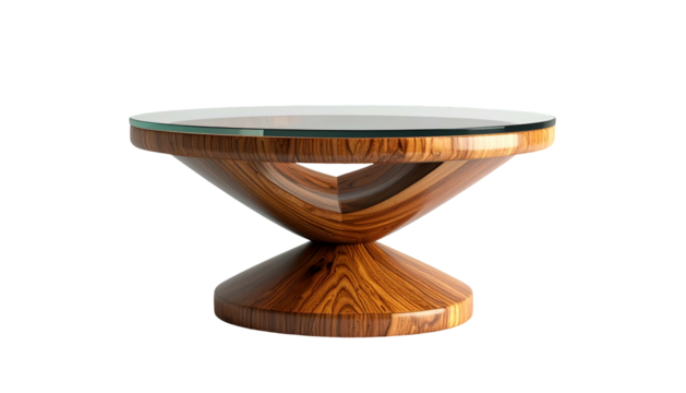 A stylish modern coffee table showcases a glossy, wooden finish and a clear glass top against a stark black background, highlighting the furniture's smooth curves and elegant design, perfectly...