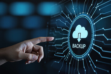Hand touching a digital backup cloud icon on a futuristic interface for data protection concept