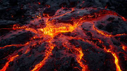 Molten, vibrant orange and red lava bubbling and aggressively spilling over a black surface.
