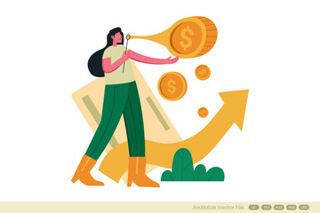 Person blowing a large coin with smaller coins and growth arrow