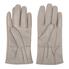 Obraz premium Luxurious, soft, light gray leather gloves are laid out on a stark, black background, showing the backs of the gloves in a clean, isolated shot, highlighting the fine details and meticulous...